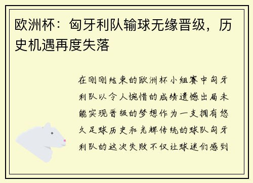 欧洲杯：匈牙利队输球无缘晋级，历史机遇再度失落