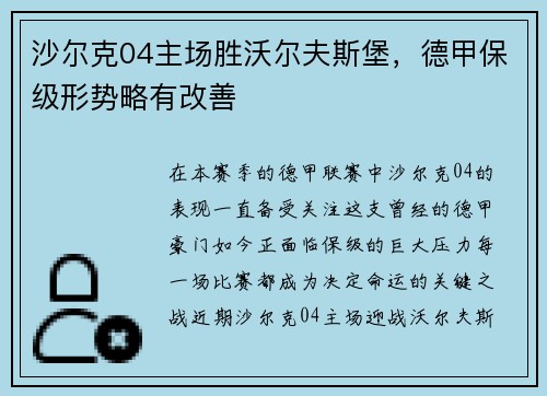 沙尔克04主场胜沃尔夫斯堡，德甲保级形势略有改善