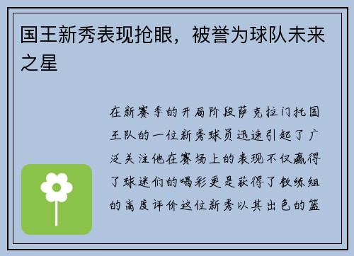 国王新秀表现抢眼，被誉为球队未来之星